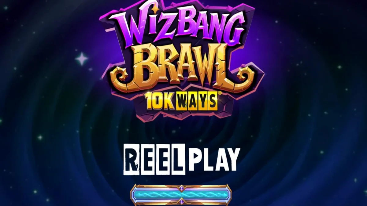 Tampilan visual permainan slot Wizbang Brawl 10K Ways dengan tema penyihir dan duel sihir.