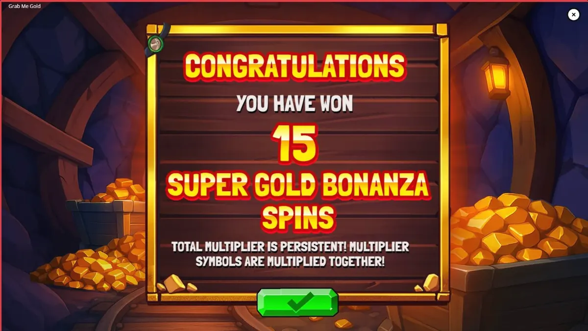Tampilan visual slot Grab Me Gold dengan tema tambang emas dan simbol-simbol pertambangan